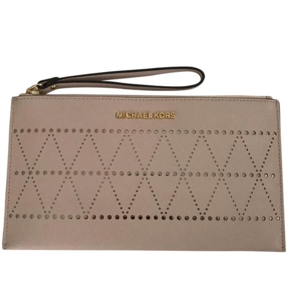 Nwt MICHAEL Michael Kors Jet Set Ballet Pink/Beige Large Leather Zip Clutch Bag